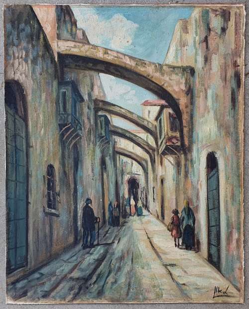 Original oil painting signed by artist of a European street scene as per photo`s